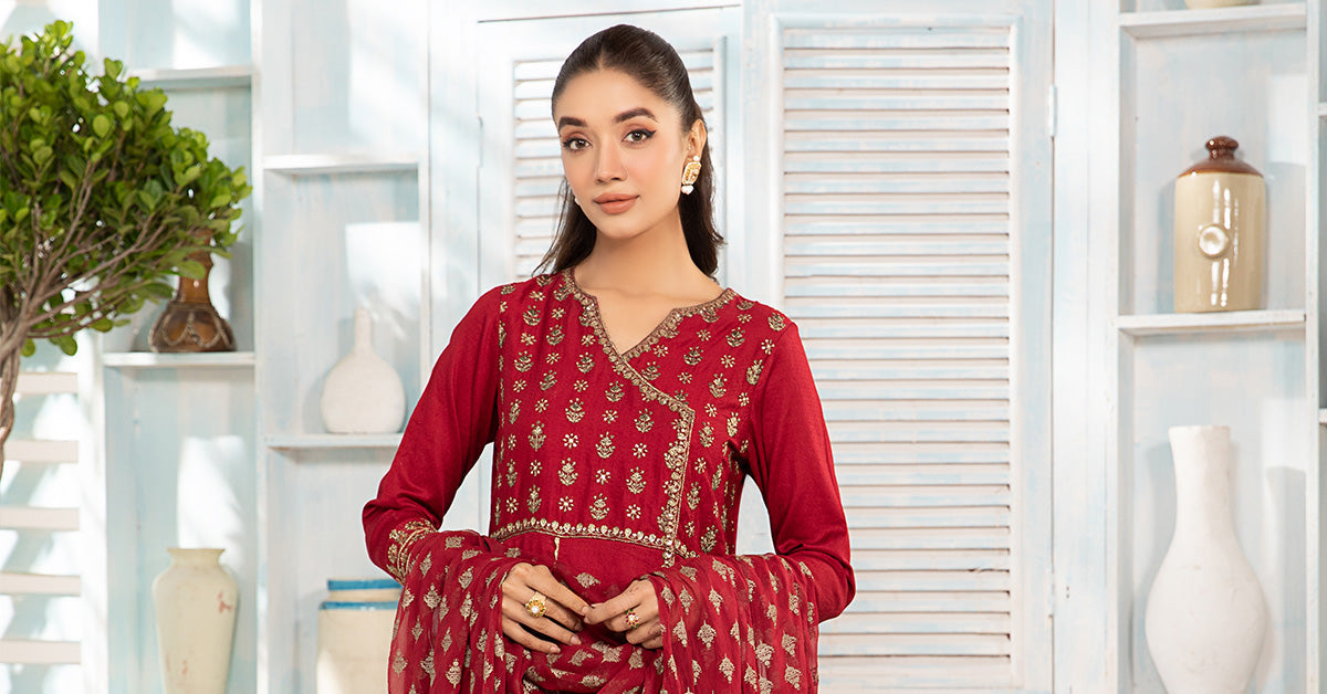 Maria.B. DW-EA24-17 | Dyed Lawn Angrakha Stitched 3-Piece Suit in Red | Zahra Apparel Collection