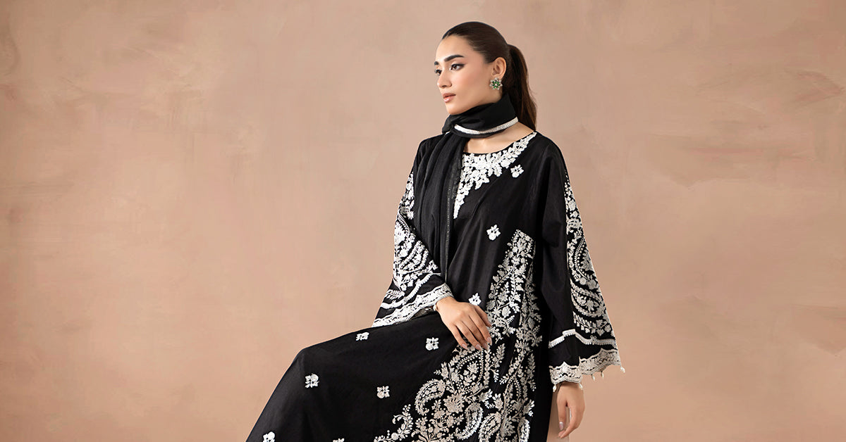 Maria.B. DW-MN24-04R1 — Embroidered Self Jacquard Stitched 3-Piece Suit in Black | Monochrome