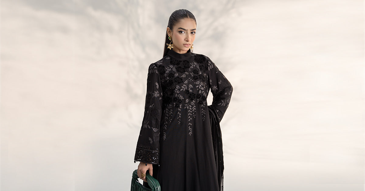 Maria.B. DW-W24-103 | Embroidered Linen Stitched 3-Piece Suit in Black | Zahra Apparel Collection