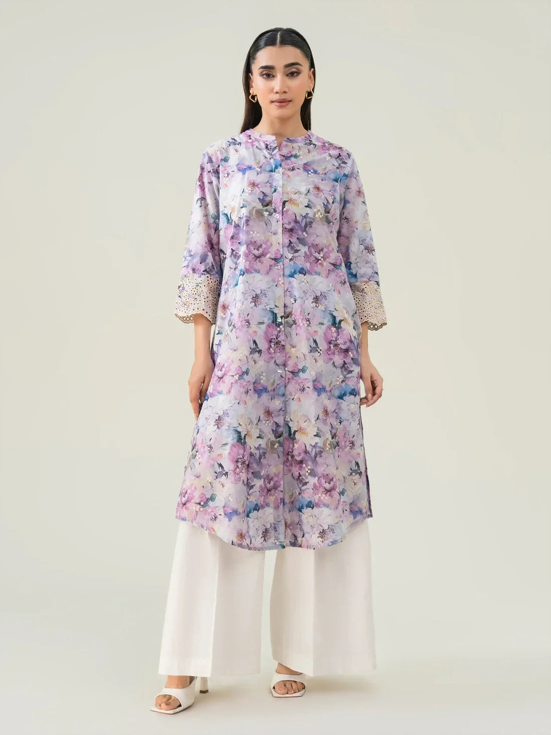 Limelight Printed Embroidered Lawn Stitched Tunic Shirt in Lilac