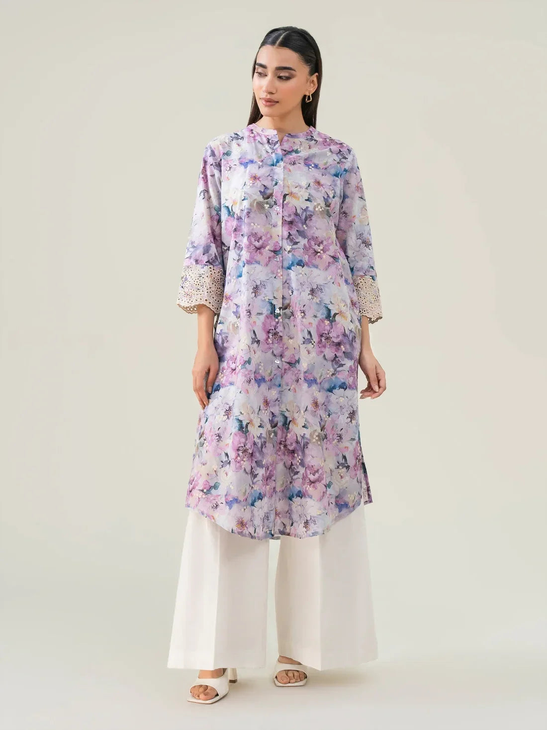Limelight Printed Embroidered Lawn Stitched Tunic Shirt in Lilac