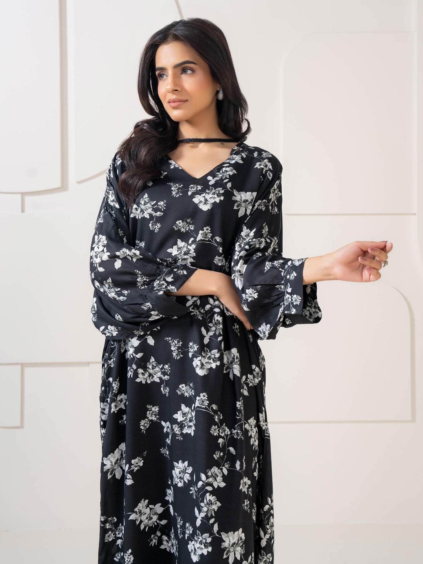 Limelight A2306KF — Printed Viscose Lawn Stitched Kaftan in Black