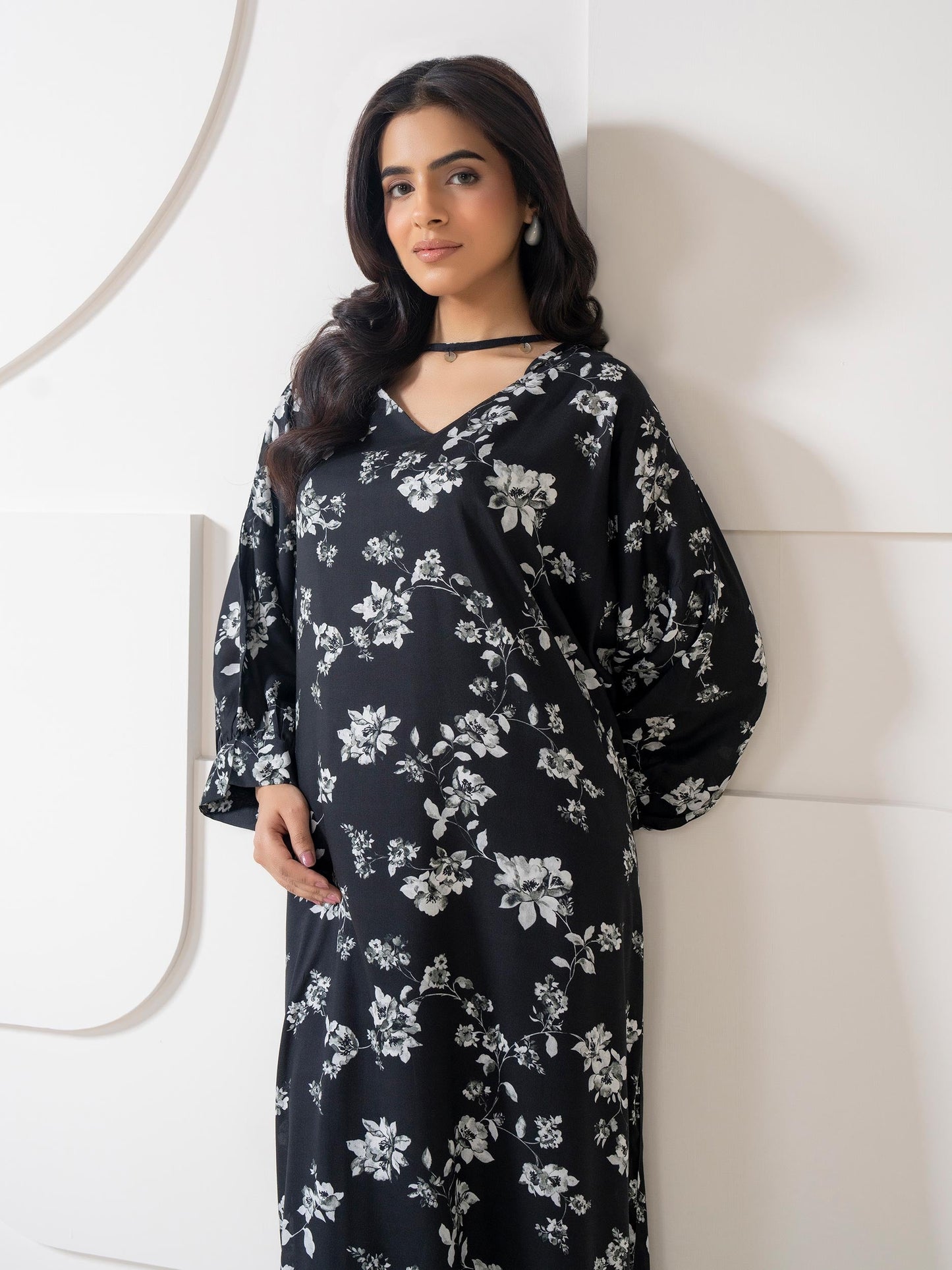 Limelight A2306KF — Printed Viscose Lawn Stitched Kaftan in Black