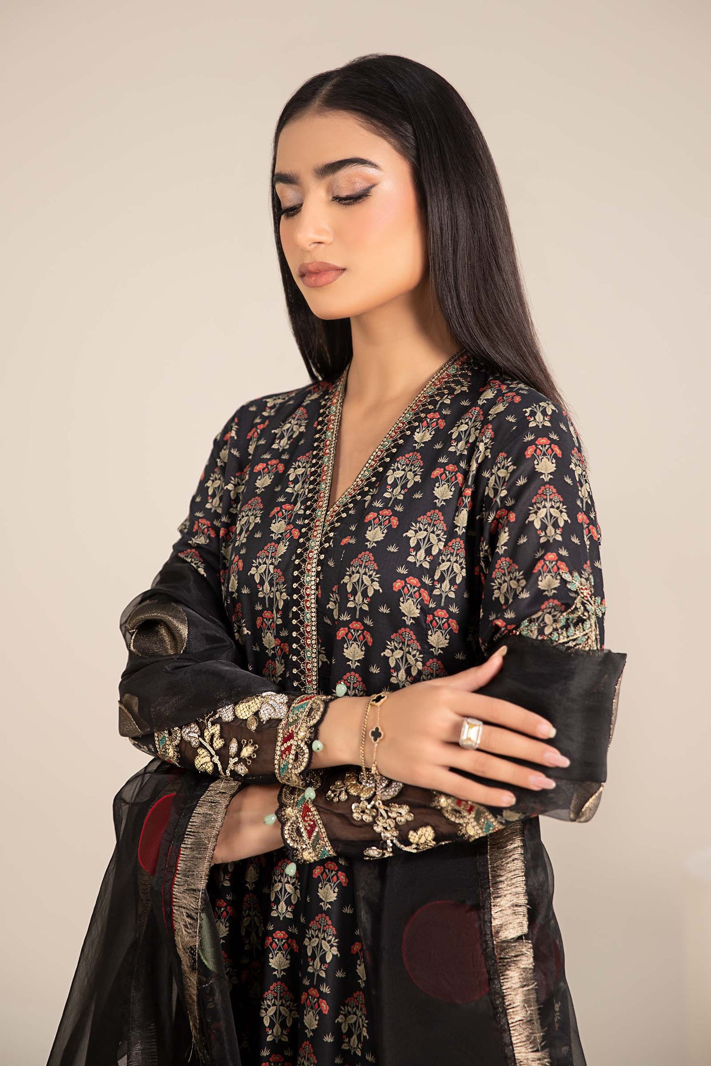 Maria.B. DW-EF25-54 | Printed Lawn Panel Frock Stitched 3-Piece Suit in Black | Zahra Apparel Collection