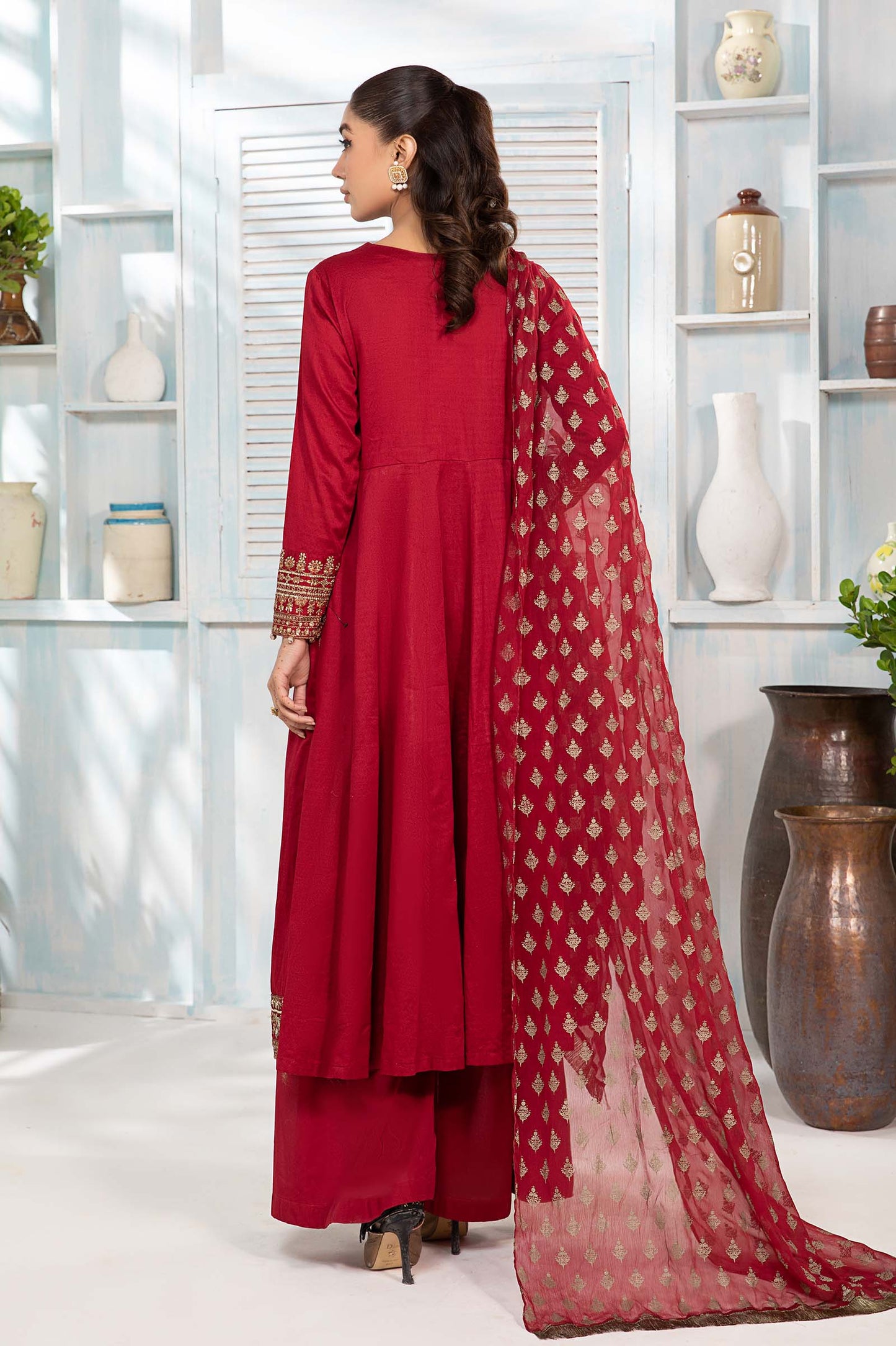 Maria.B. DW-EA24-17 | Dyed Lawn Angrakha Stitched 3-Piece Suit in Red | Zahra Apparel Collection