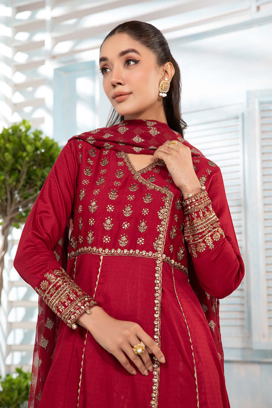 Maria.B. DW-EA24-17 | Dyed Lawn Angrakha Stitched 3-Piece Suit in Red | Zahra Apparel Collection
