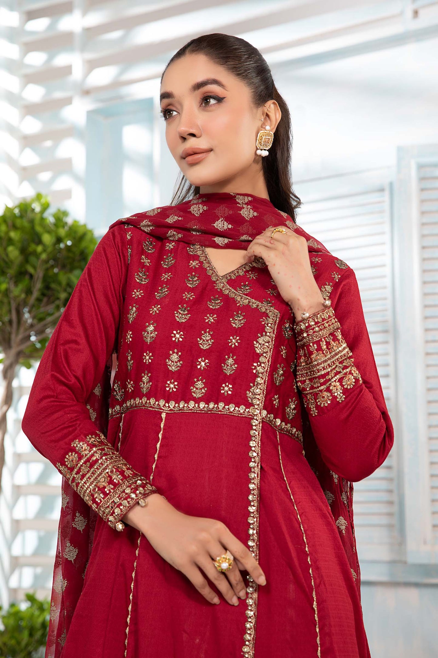 Maria.B. DW-EA24-17 | Dyed Lawn Angrakha Stitched 3-Piece Suit in Red | Zahra Apparel Collection