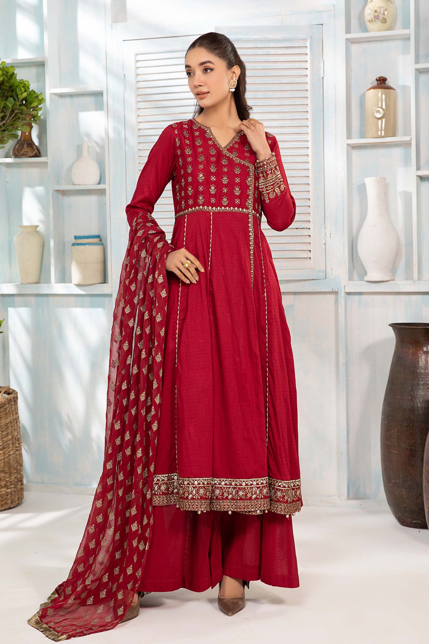 Maria.B. DW-EA24-17 | Dyed Lawn Angrakha Stitched 3-Piece Suit in Red | Zahra Apparel Collection