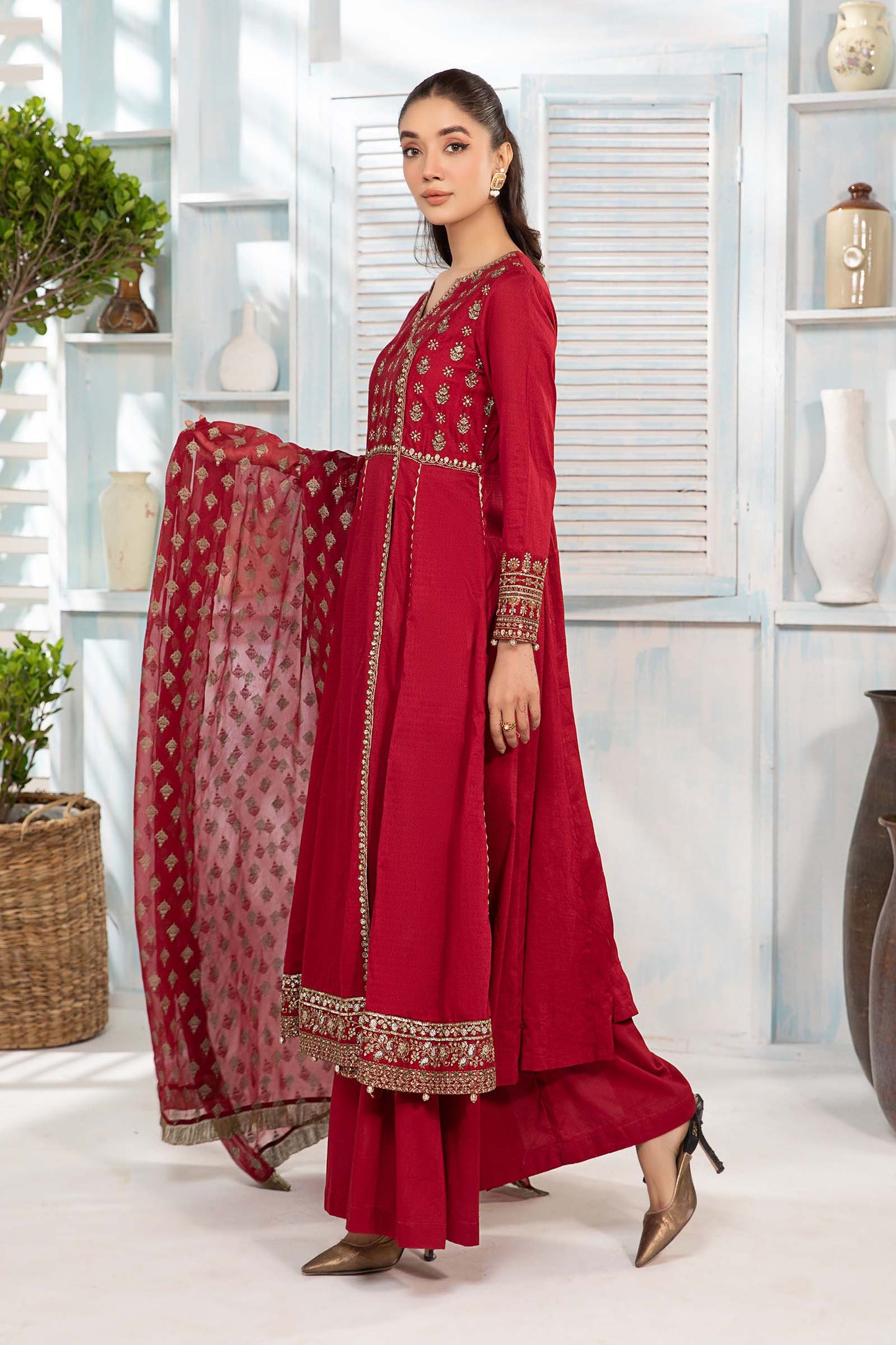 Maria.B. DW-EA24-17 | Dyed Lawn Angrakha Stitched 3-Piece Suit in Red | Zahra Apparel Collection