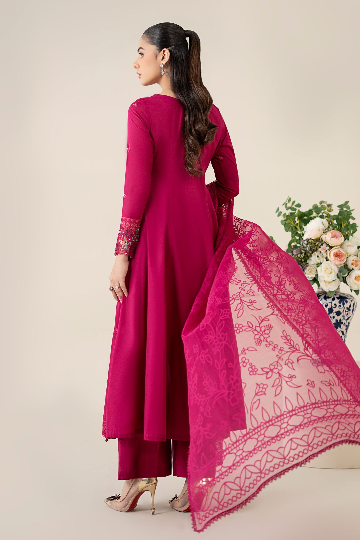 Maria.B. DW-EA25-08 — Embroidered Lawn Stitched 3-Piece Frock Suit in Pink | Eid Collection
