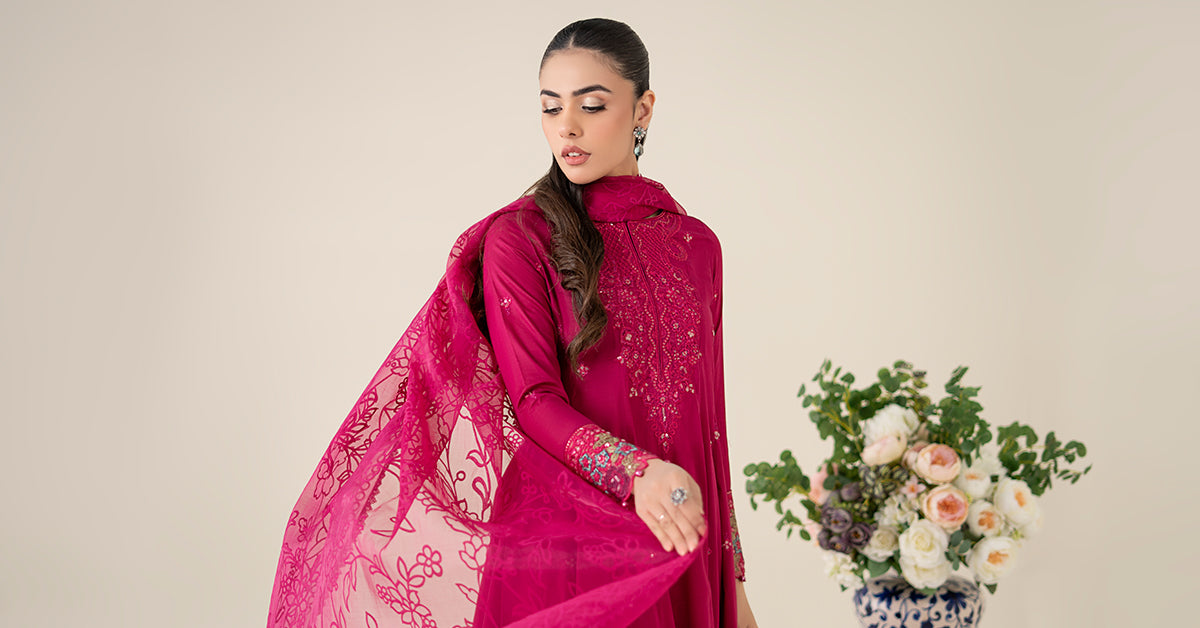 Maria.B. DW-EA25-08 — Embroidered Lawn Stitched 3-Piece Frock Suit in Pink | Eid Collection