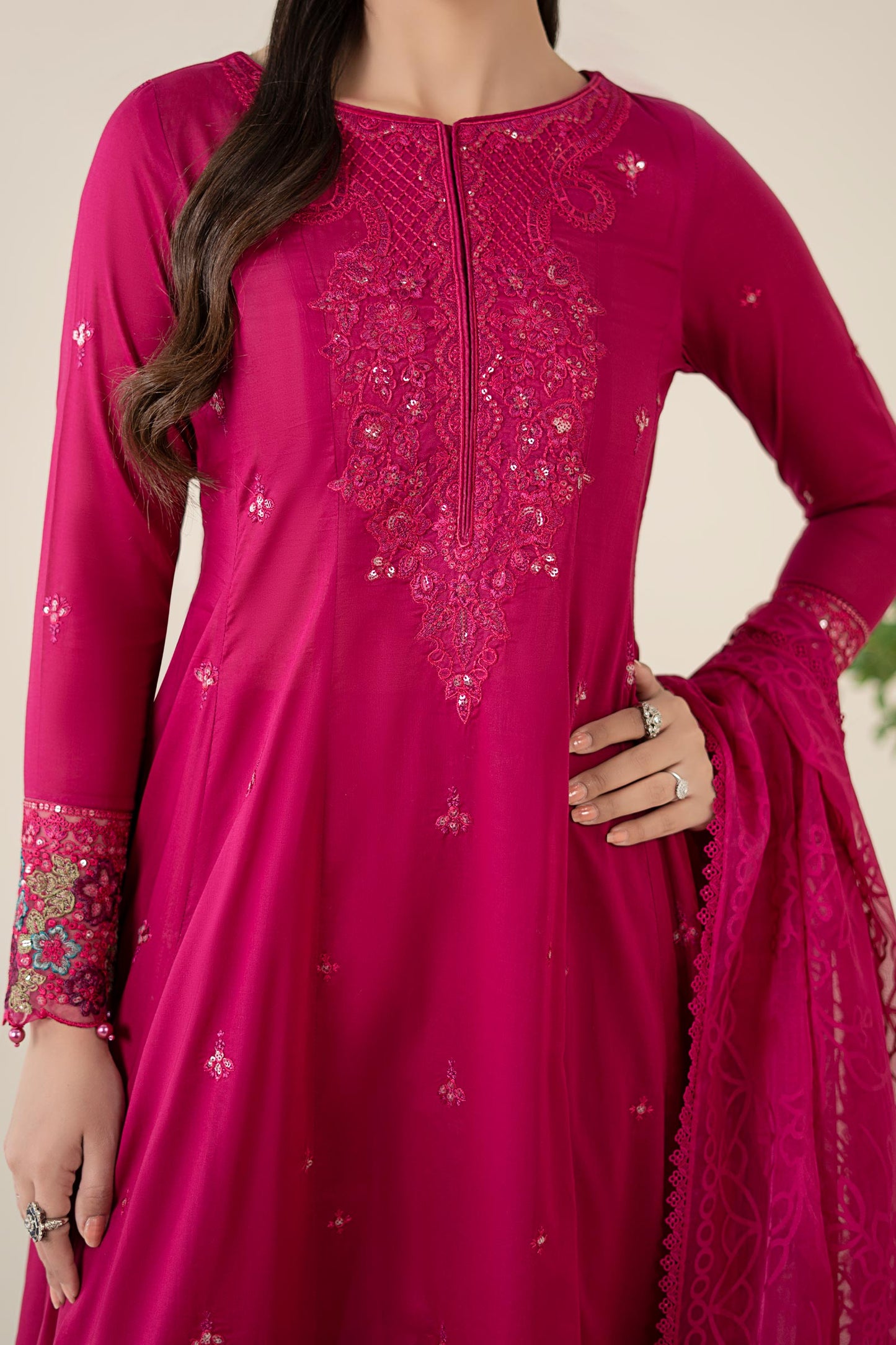 Maria.B. DW-EA25-08 — Embroidered Lawn Stitched 3-Piece Frock Suit in Pink | Eid Collection