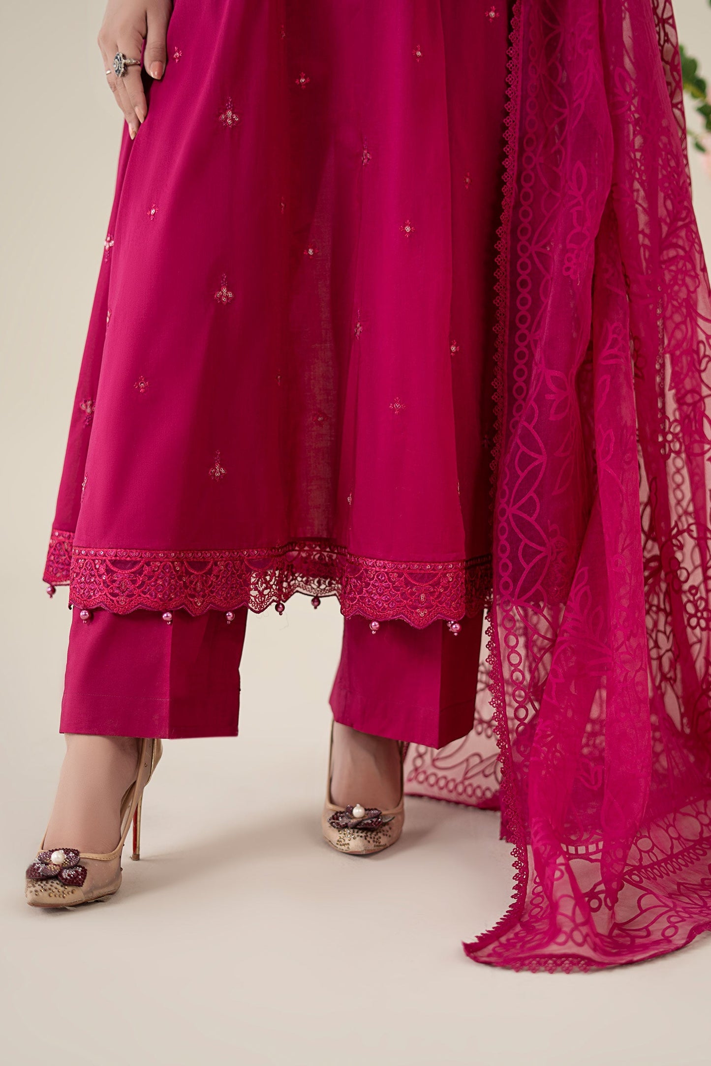 Maria.B. DW-EA25-08 — Embroidered Lawn Stitched 3-Piece Frock Suit in Pink | Eid Collection