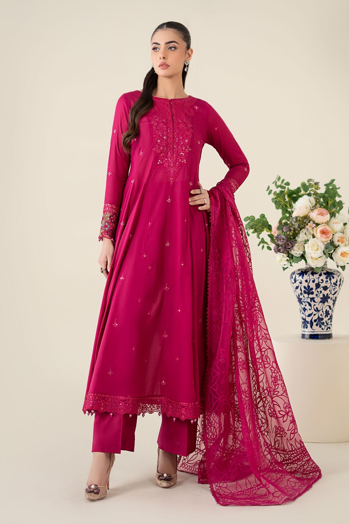 Maria.B. DW-EA25-08 — Embroidered Lawn Stitched 3-Piece Frock Suit in Pink | Eid Collection