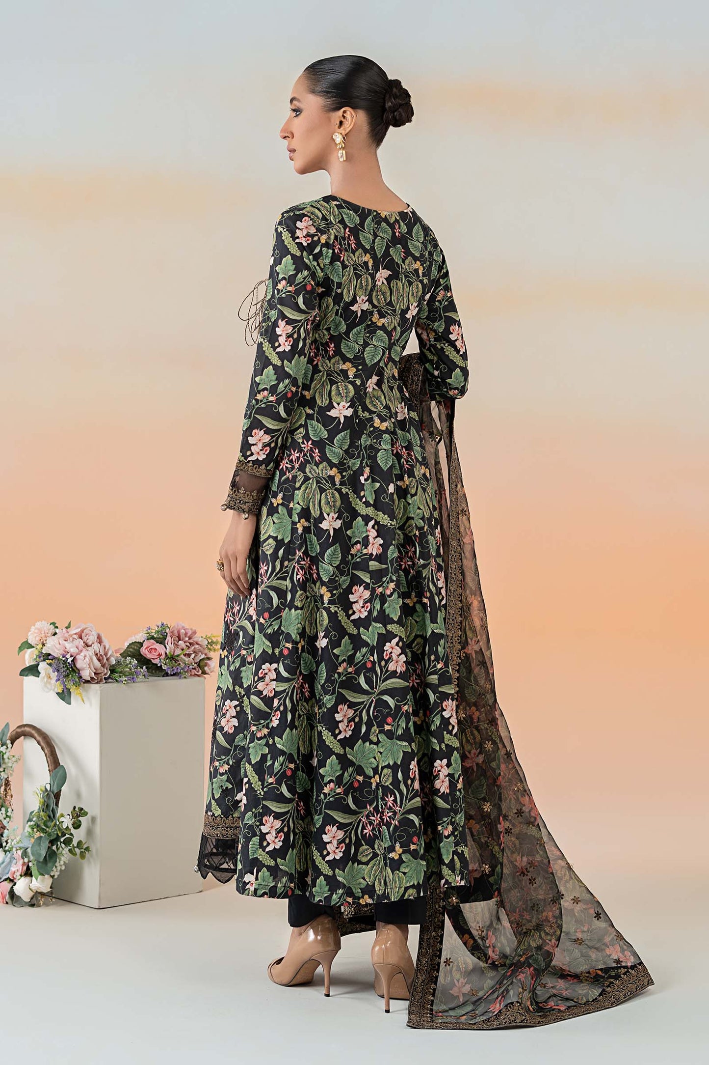 Maria.B. DW-EF25-90 | Printed Lawn Angrakha Stitched 3-Piece Suit in Black | Zahra Apparel Collection