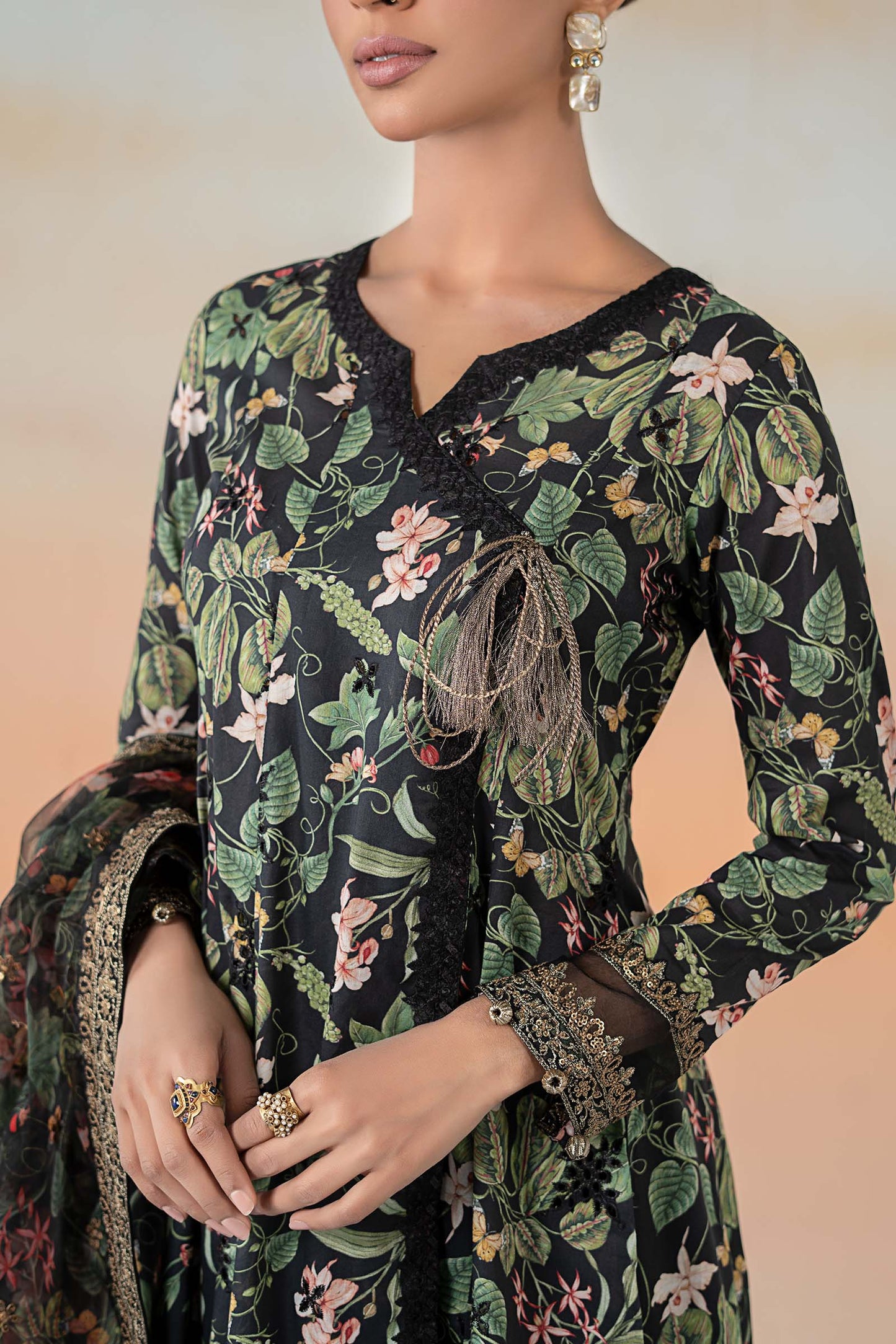 Maria.B. DW-EF25-90 | Printed Lawn Angrakha Stitched 3-Piece Suit in Black | Zahra Apparel Collection