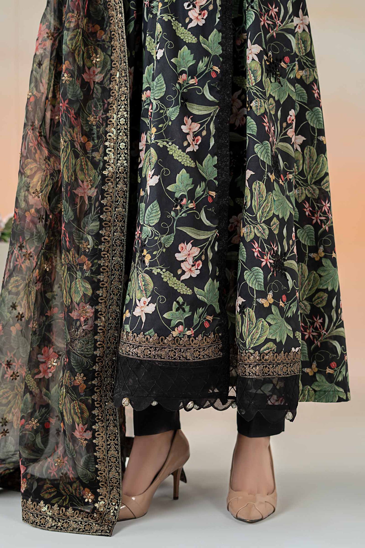 Maria.B. DW-EF25-90 | Printed Lawn Angrakha Stitched 3-Piece Suit in Black | Zahra Apparel Collection