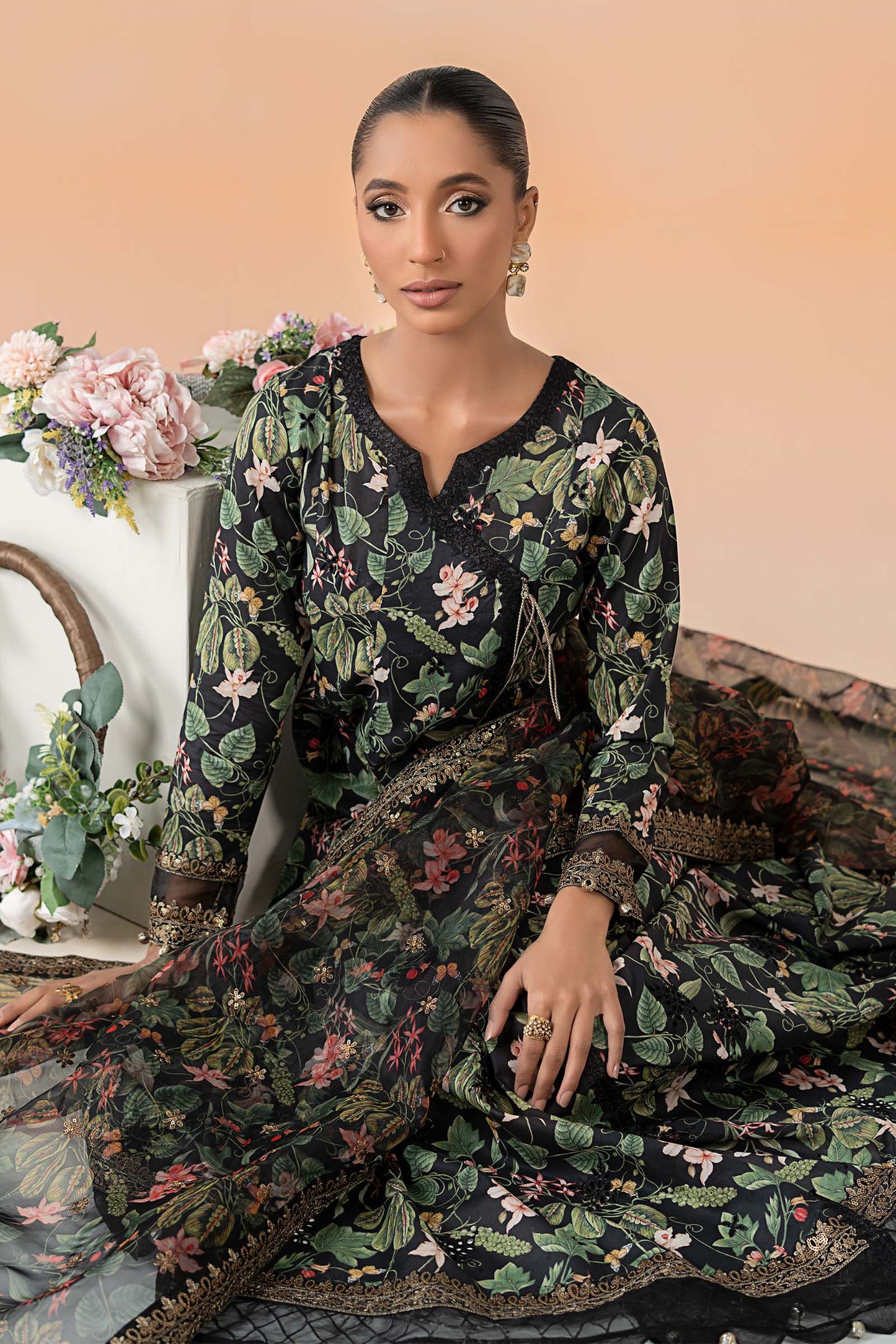 Maria.B. DW-EF25-90 | Printed Lawn Angrakha Stitched 3-Piece Suit in Black | Zahra Apparel Collection