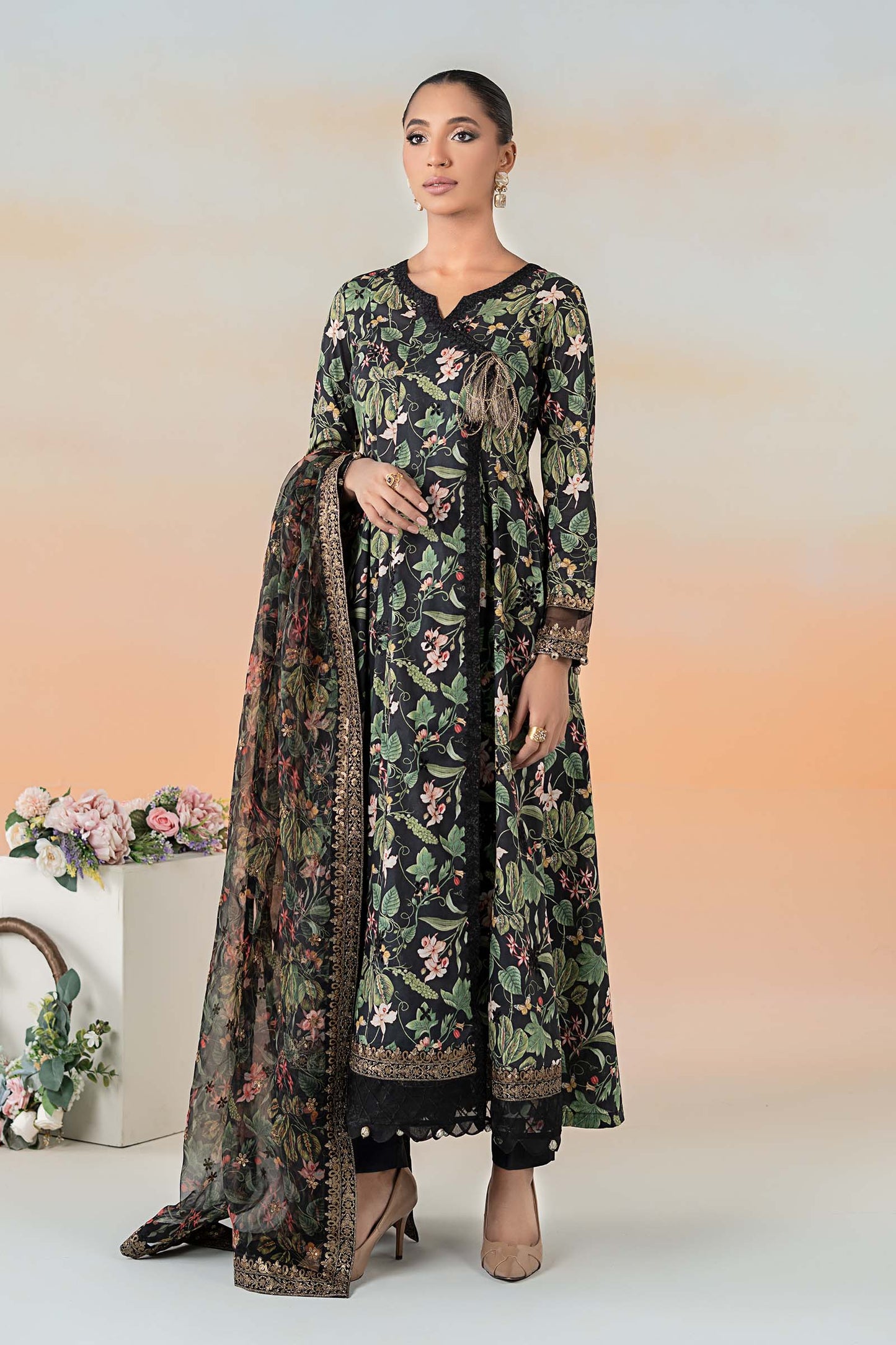Maria.B. DW-EF25-90 | Printed Lawn Angrakha Stitched 3-Piece Suit in Black | Zahra Apparel Collection