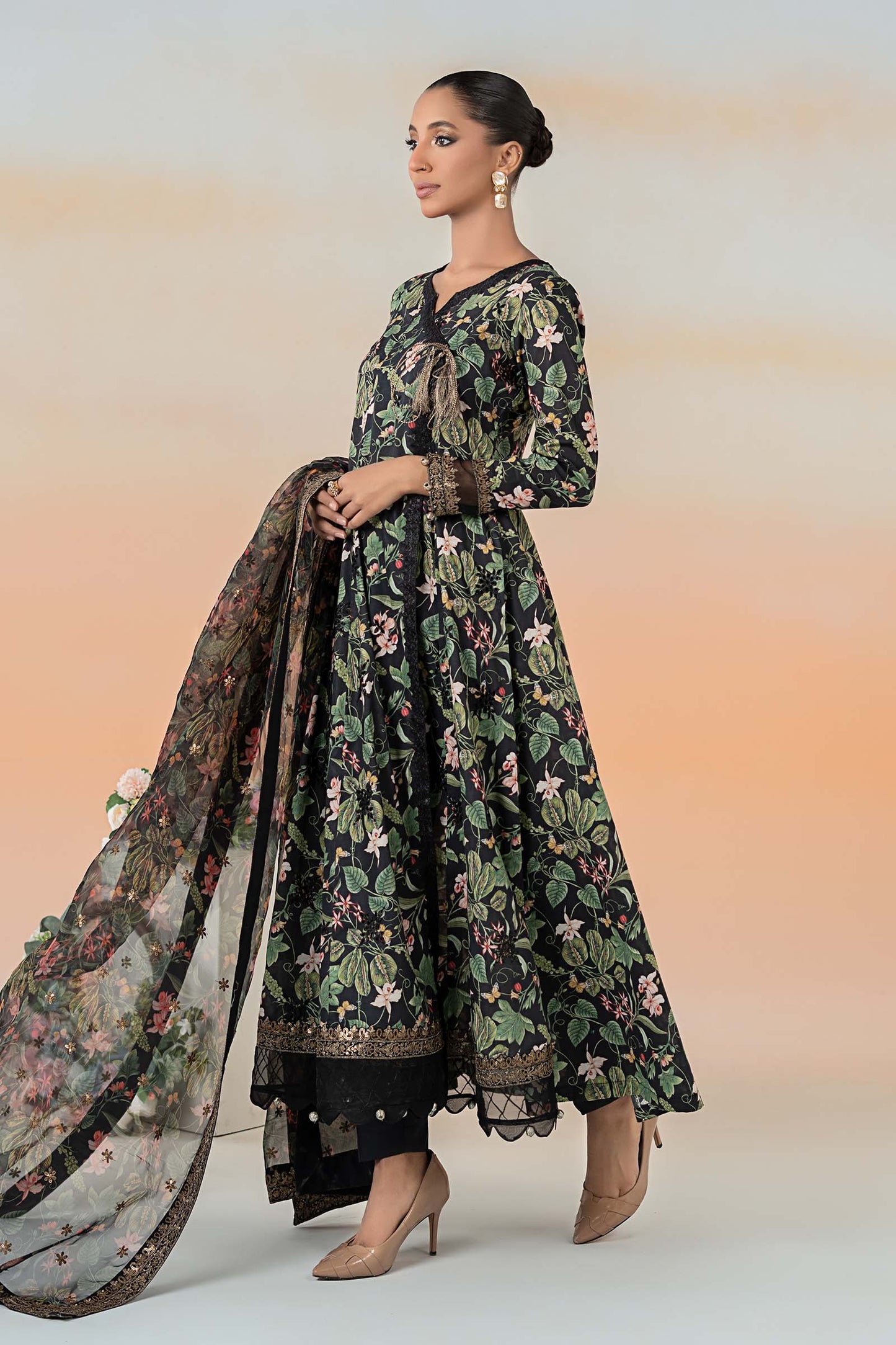 Maria.B. DW-EF25-90 | Printed Lawn Angrakha Stitched 3-Piece Suit in Black | Zahra Apparel Collection