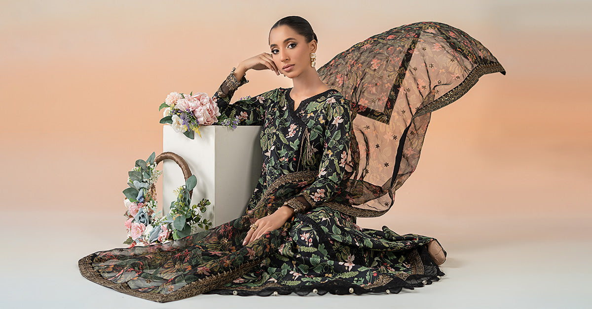 Maria.B. DW-EF25-90 | Printed Lawn Angrakha Stitched 3-Piece Suit in Black | Zahra Apparel Collection