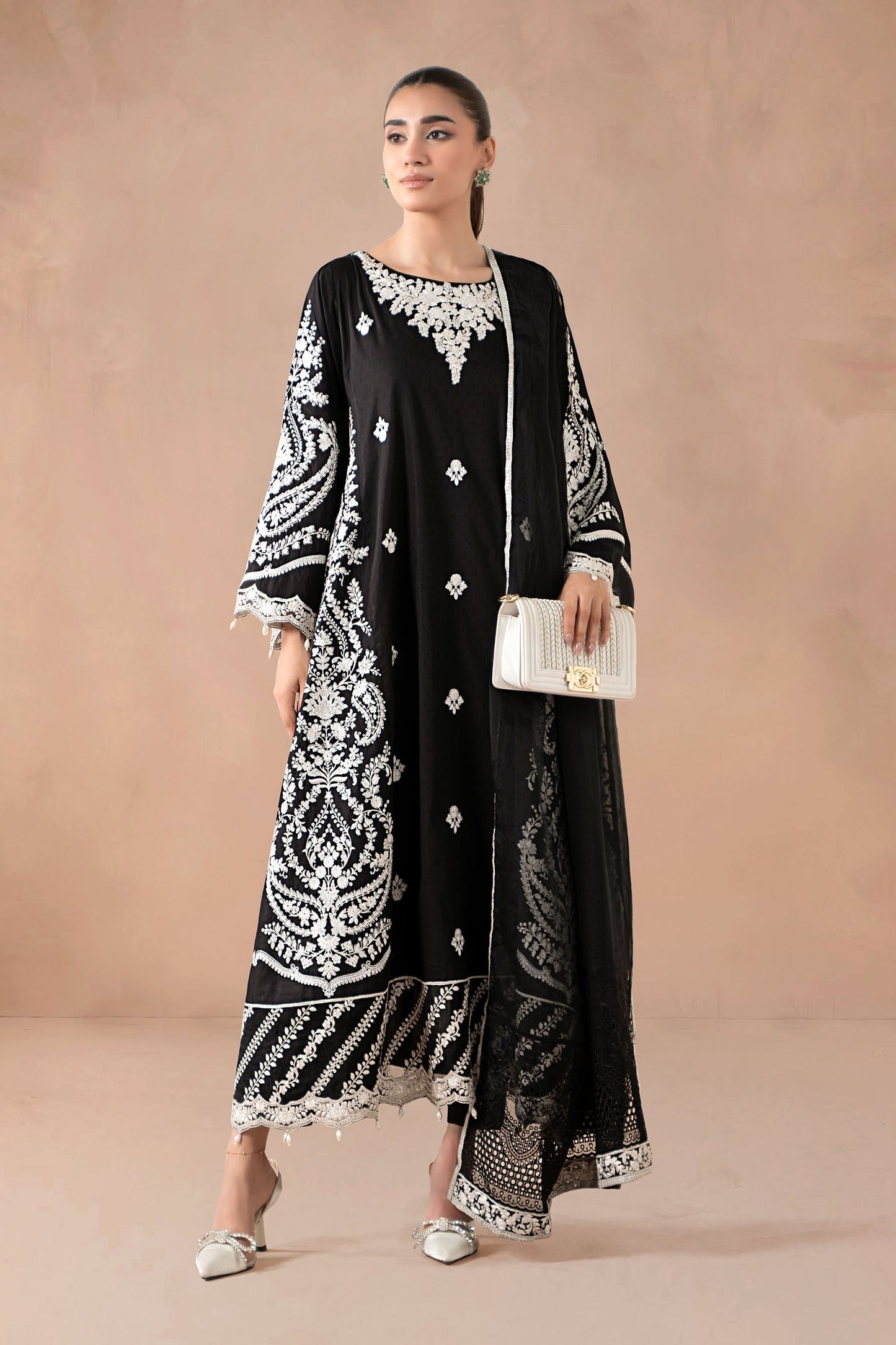 Maria.B. DW-MN24-04R1 — Embroidered Self Jacquard Stitched 3-Piece Suit in Black | Monochrome