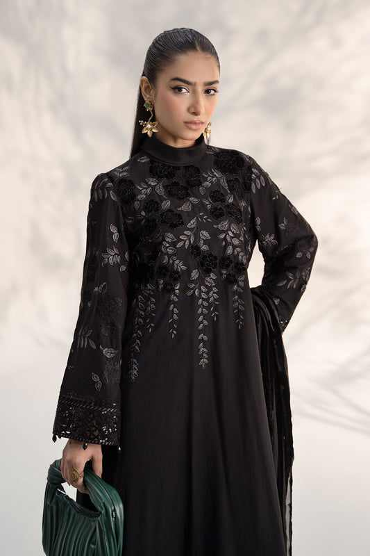 Maria.B. DW-W24-103 | Embroidered Linen Stitched 3-Piece Suit in Black | Zahra Apparel Collection