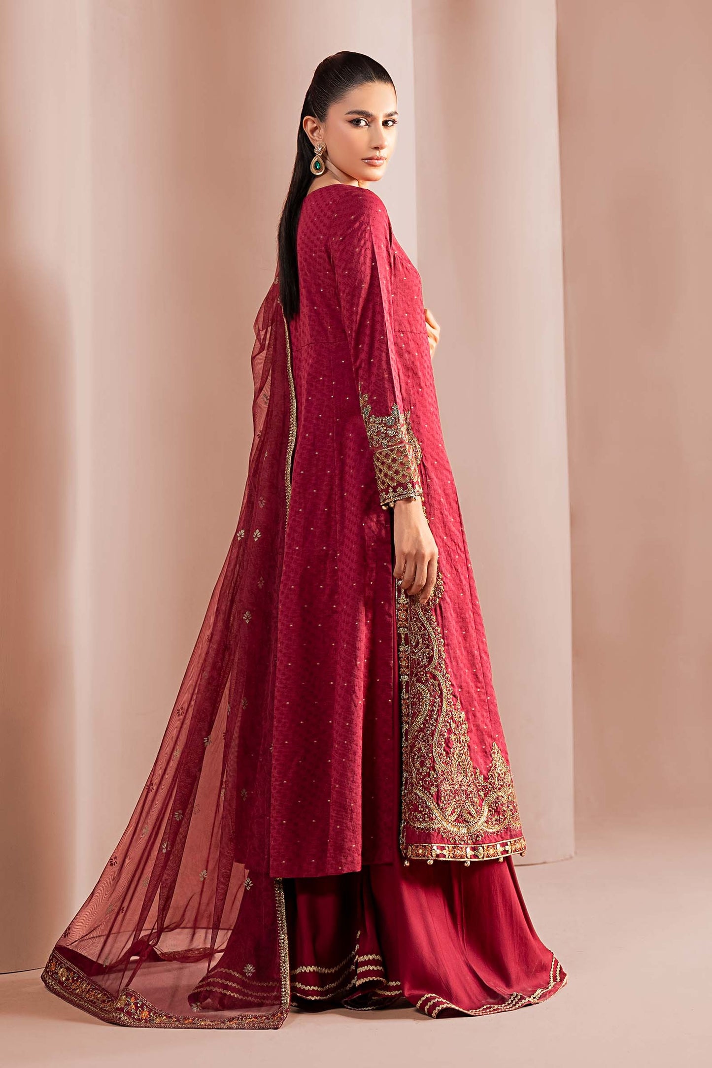 Maria.B. DW-W25-31 — Embroidered Filament Viscose Stitched 3-Piece Shirt & Sharara in Pink