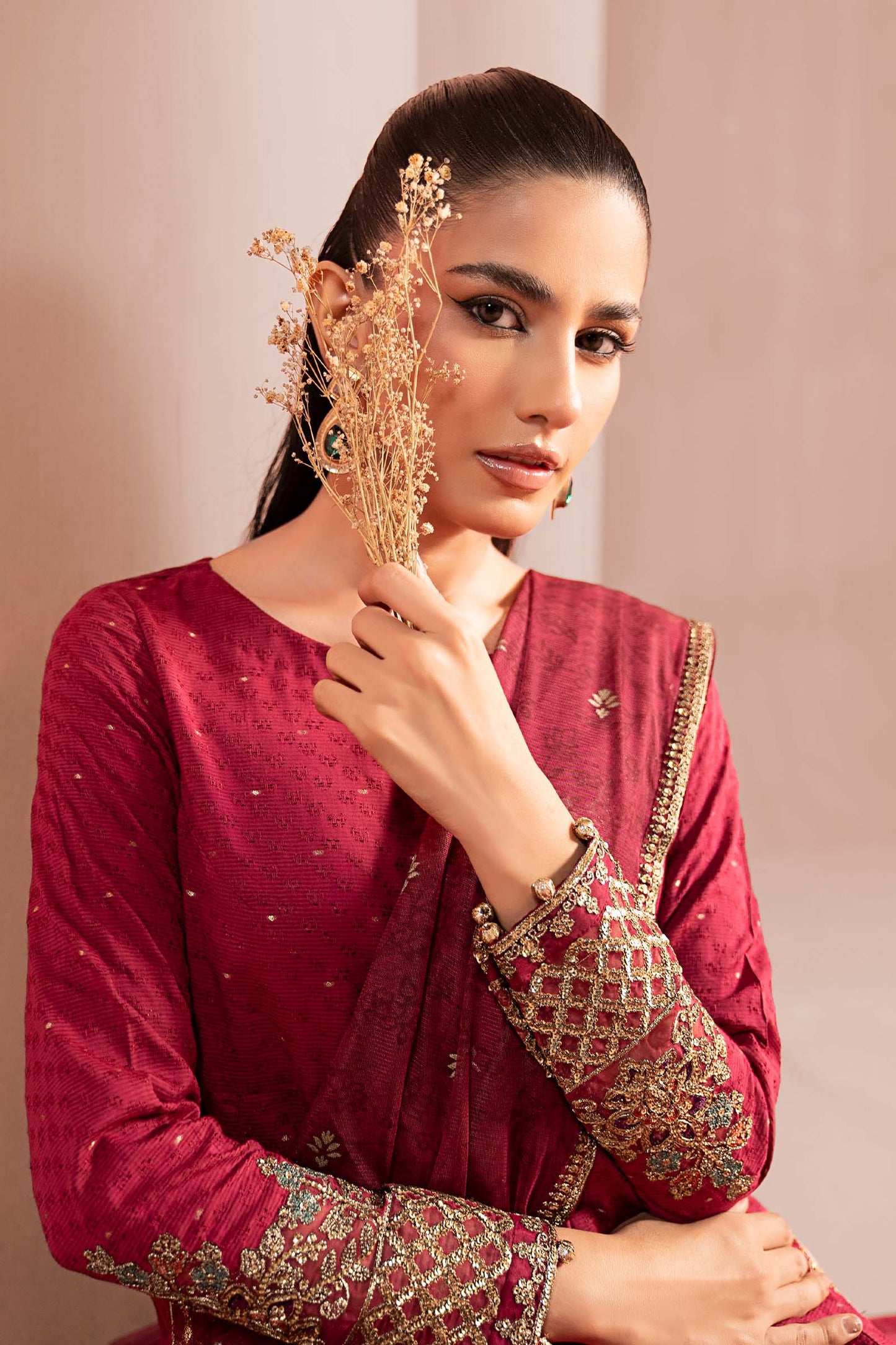 Maria.B. DW-W25-31 — Embroidered Filament Viscose Stitched 3-Piece Shirt & Sharara in Pink