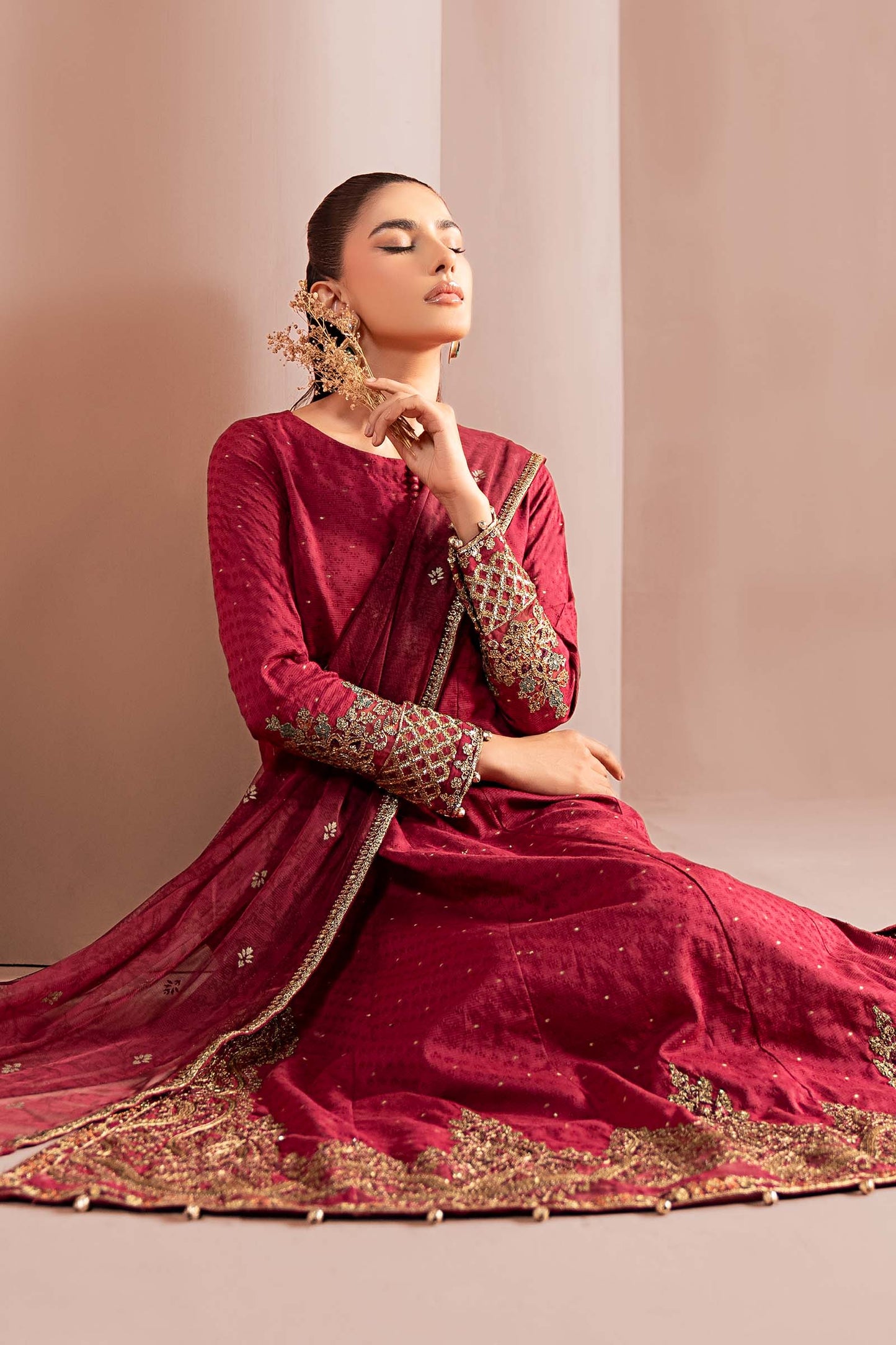 Maria.B. DW-W25-31 — Embroidered Filament Viscose Stitched 3-Piece Shirt & Sharara in Pink