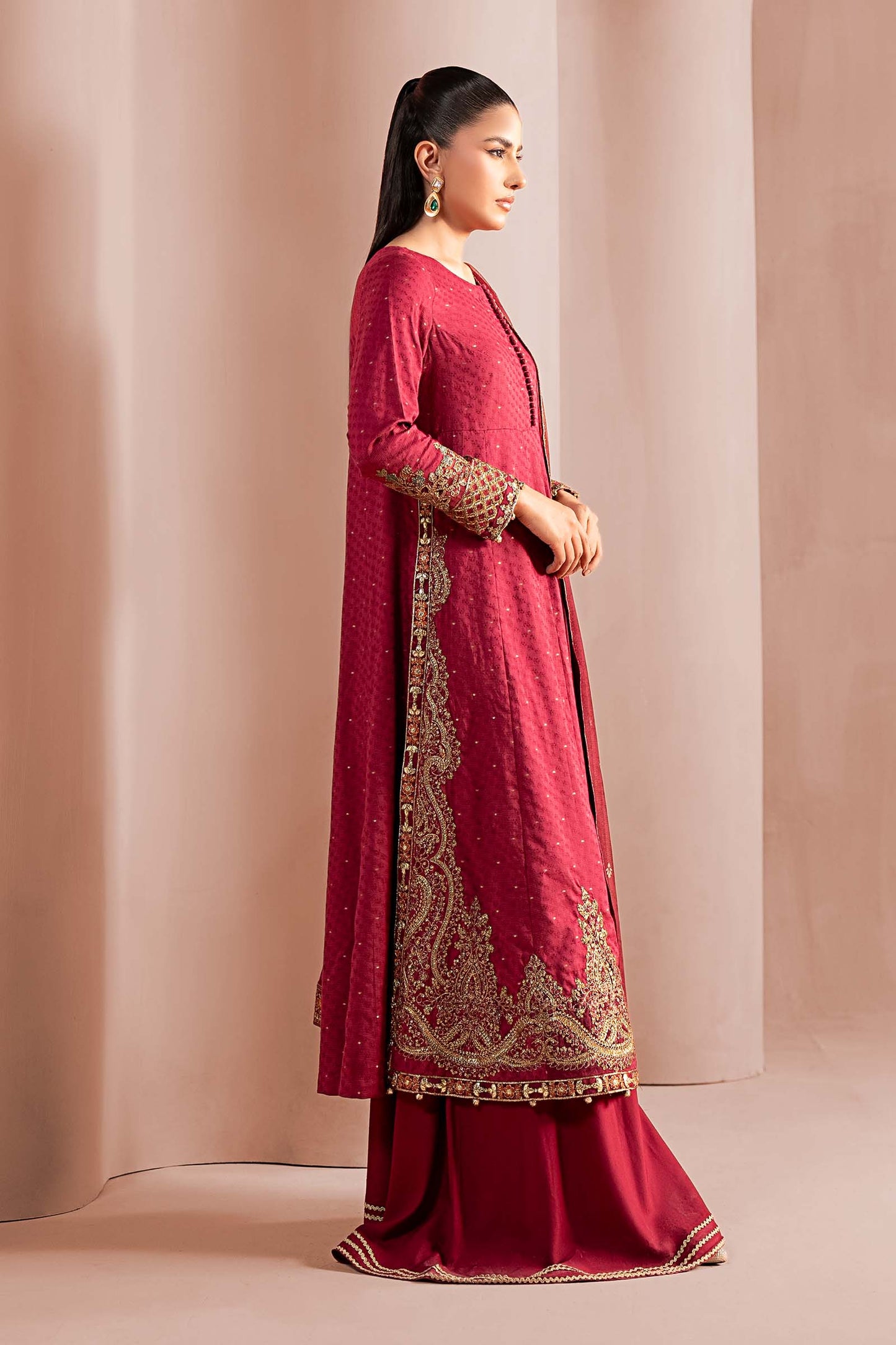 Maria.B. DW-W25-31 — Embroidered Filament Viscose Stitched 3-Piece Shirt & Sharara in Pink