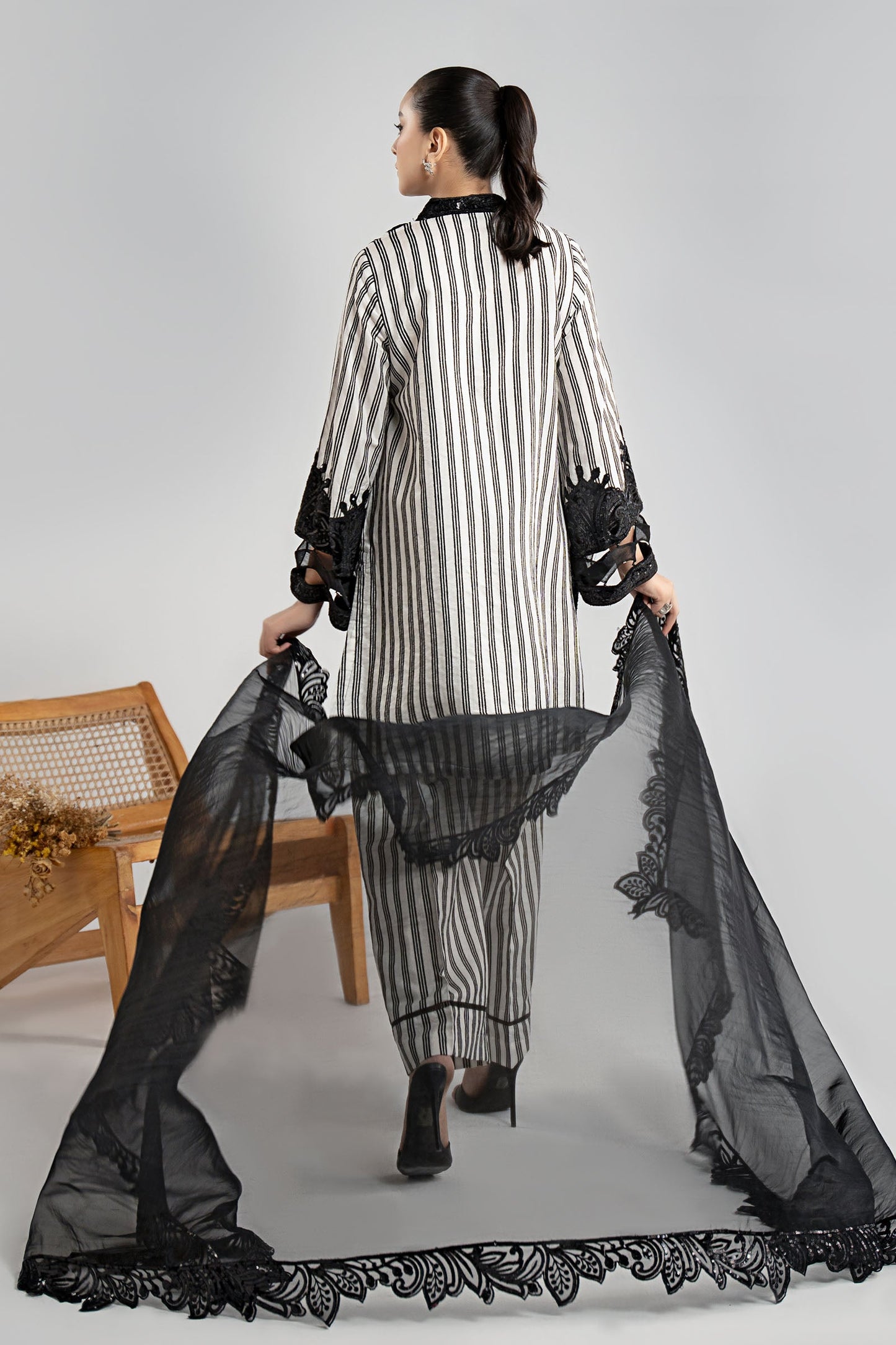 Maria.B. DW-W25-33 — Embroidered Cotton Velvet Stitched 3-Piece Suit in Off-White with Black Dupatta