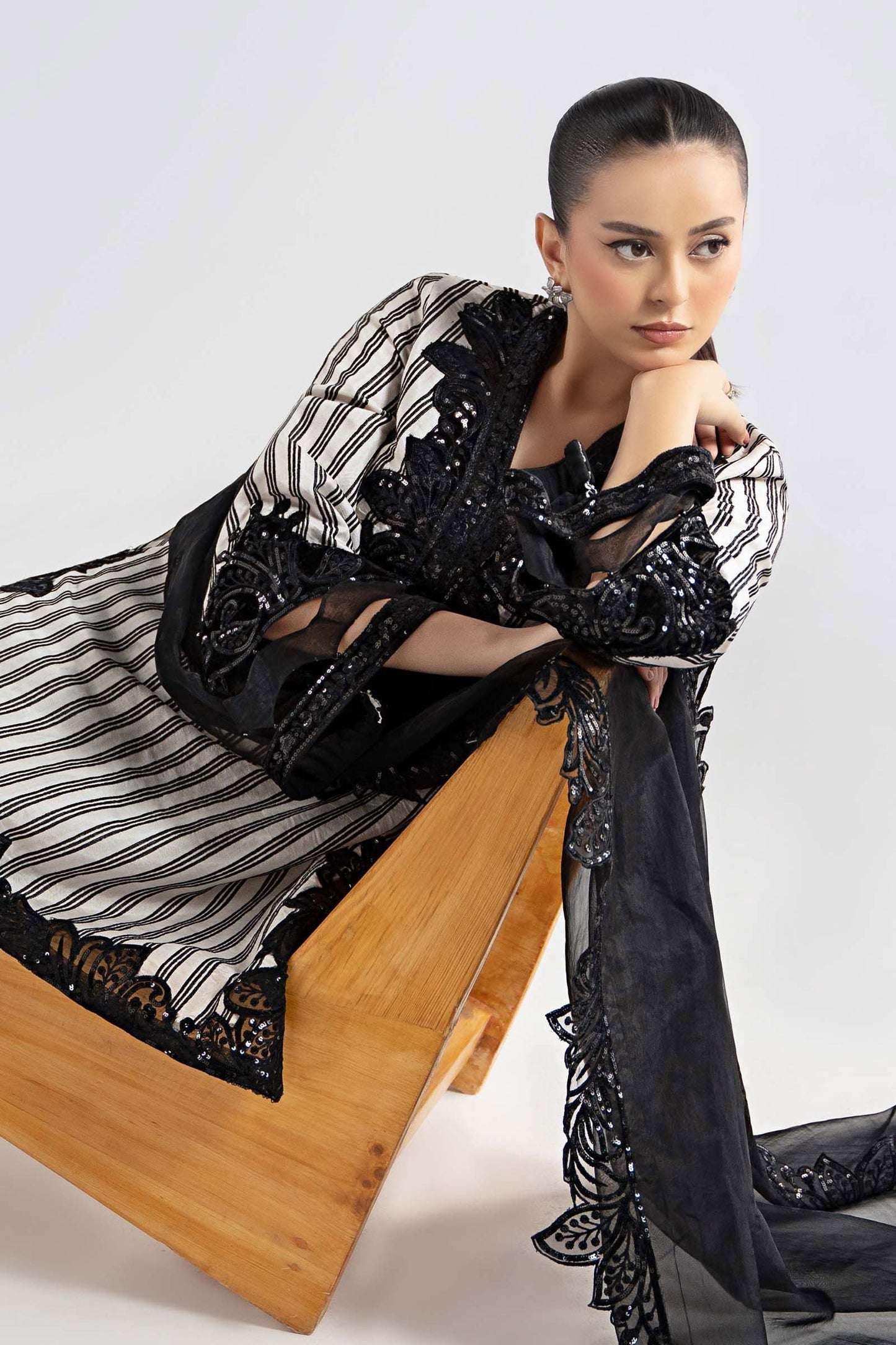 Maria.B. DW-W25-33 — Embroidered Cotton Velvet Stitched 3-Piece Suit in Off-White with Black Dupatta