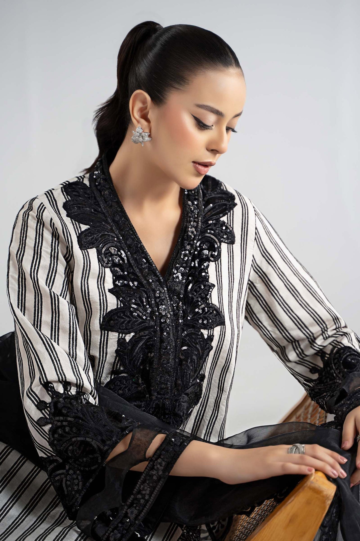 Maria.B. DW-W25-33 — Embroidered Cotton Velvet Stitched 3-Piece Suit in Off-White with Black Dupatta