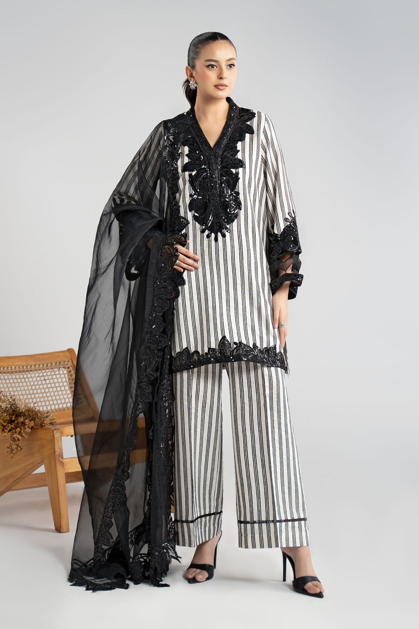 Maria.B. DW-W25-33 — Embroidered Cotton Velvet Stitched 3-Piece Suit in Off-White with Black Dupatta