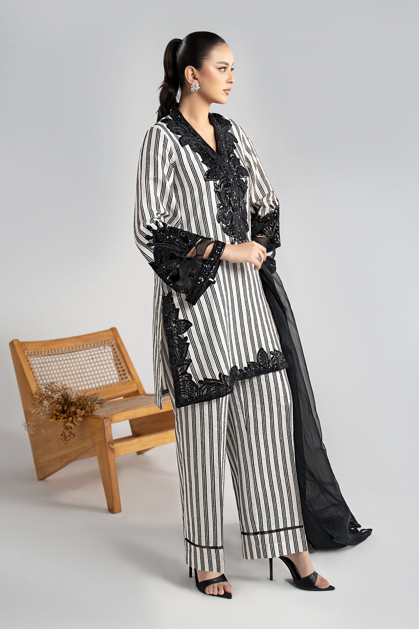 Maria.B. DW-W25-33 — Embroidered Cotton Velvet Stitched 3-Piece Suit in Off-White with Black Dupatta