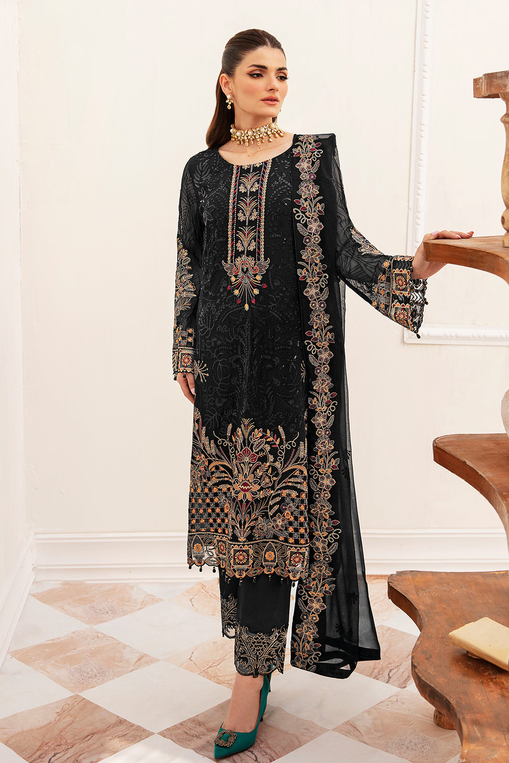 Ramsha Luxury Chiffon Vol-24 F-2403 | Embroidered Chiffon Stitched 3-Piece Suit | Zahra Apparel Collection