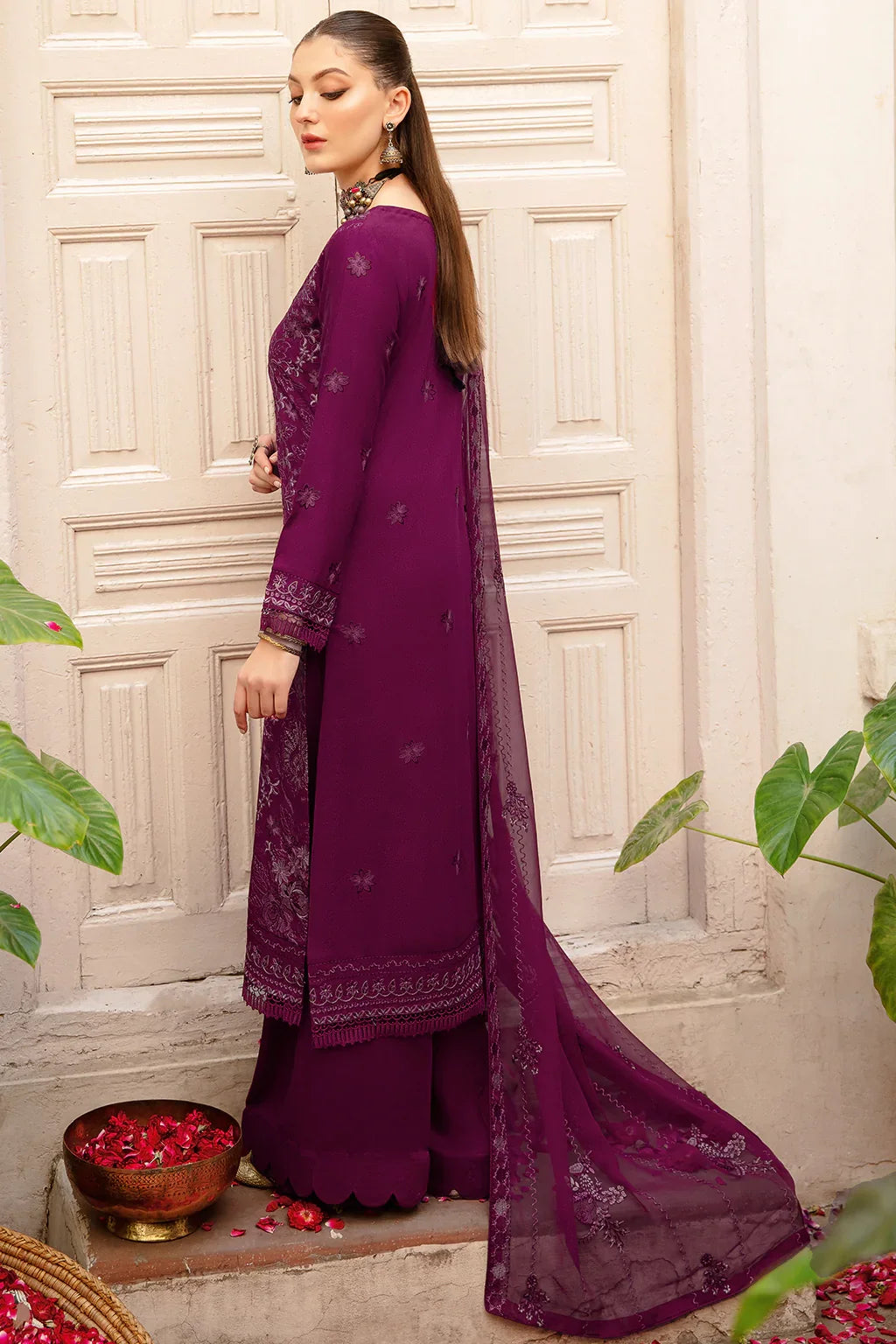 Reet by Ramsha R-703 | Embroidered Karandi Stitched 3-Piece Suit in Purple | Zahra Apparel Collection
