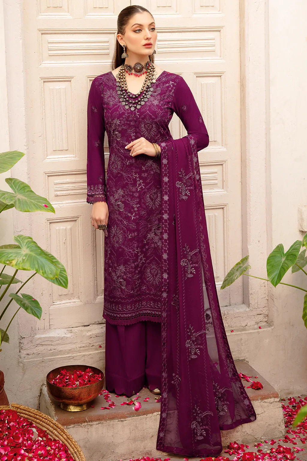 Reet by Ramsha R-703 | Embroidered Karandi Stitched 3-Piece Suit in Purple | Zahra Apparel Collection
