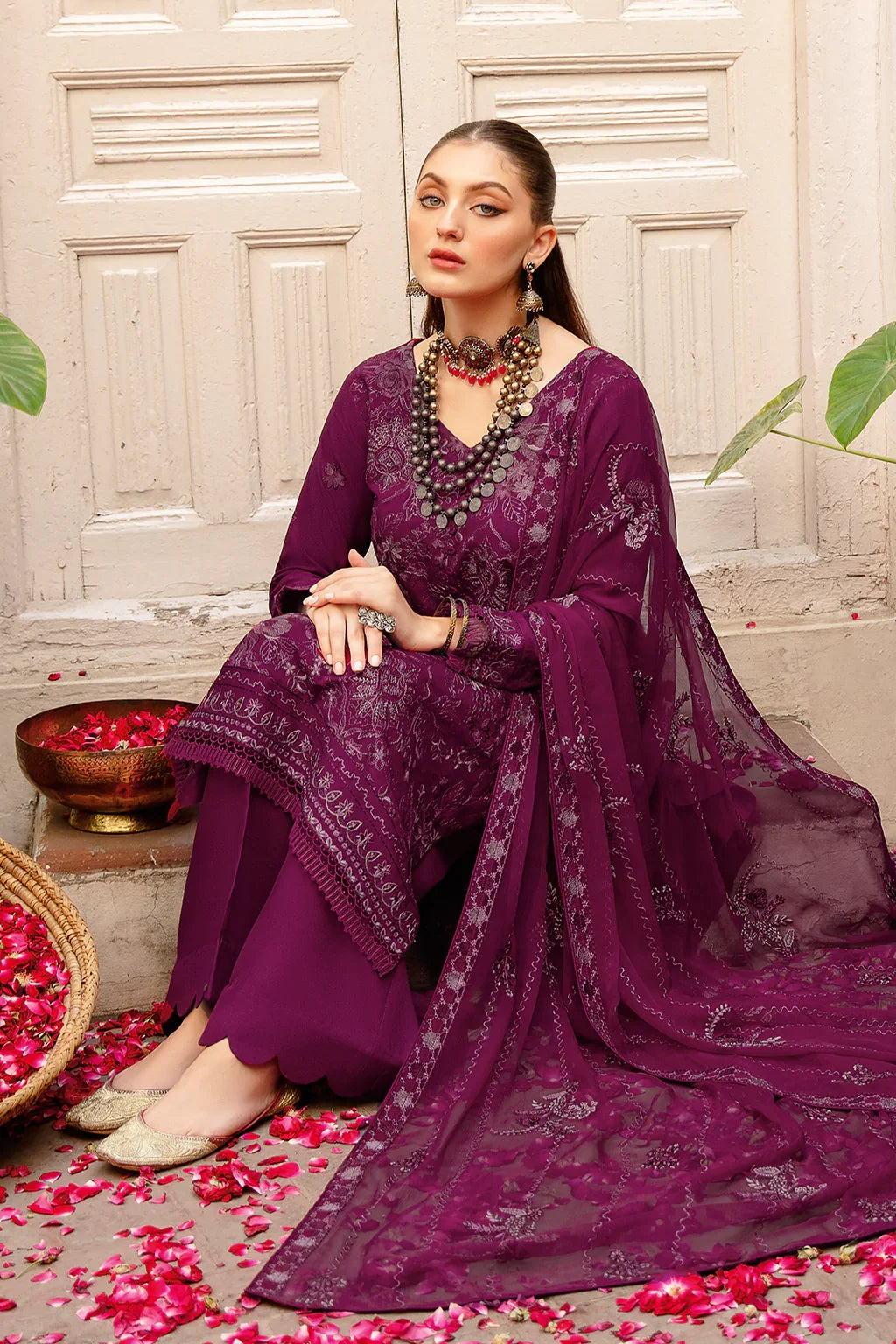 Reet by Ramsha R-703 | Embroidered Karandi Stitched 3-Piece Suit in Purple | Zahra Apparel Collection