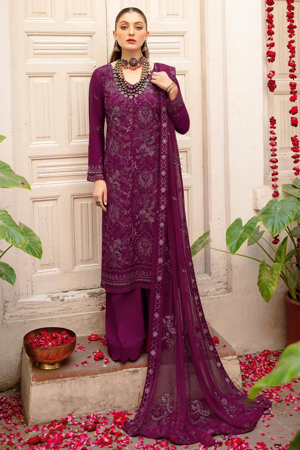 Reet by Ramsha R-703 | Embroidered Karandi Stitched 3-Piece Suit in Purple | Zahra Apparel Collection