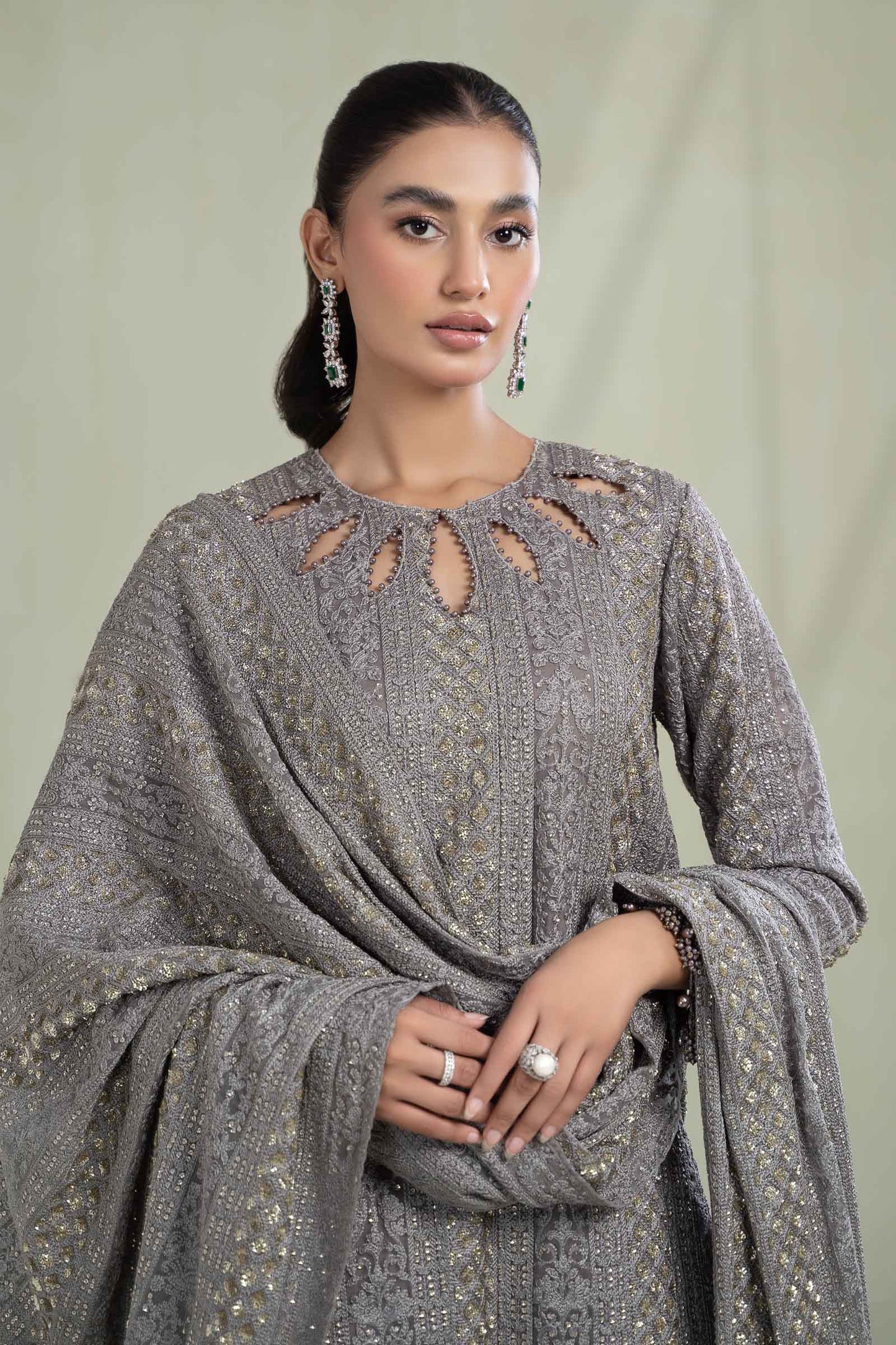 Maria.B. SF-W23-63 | Embroidered Organza Stitched Shirt & Lehenga Set in Grey | Zahra Apparel Collection