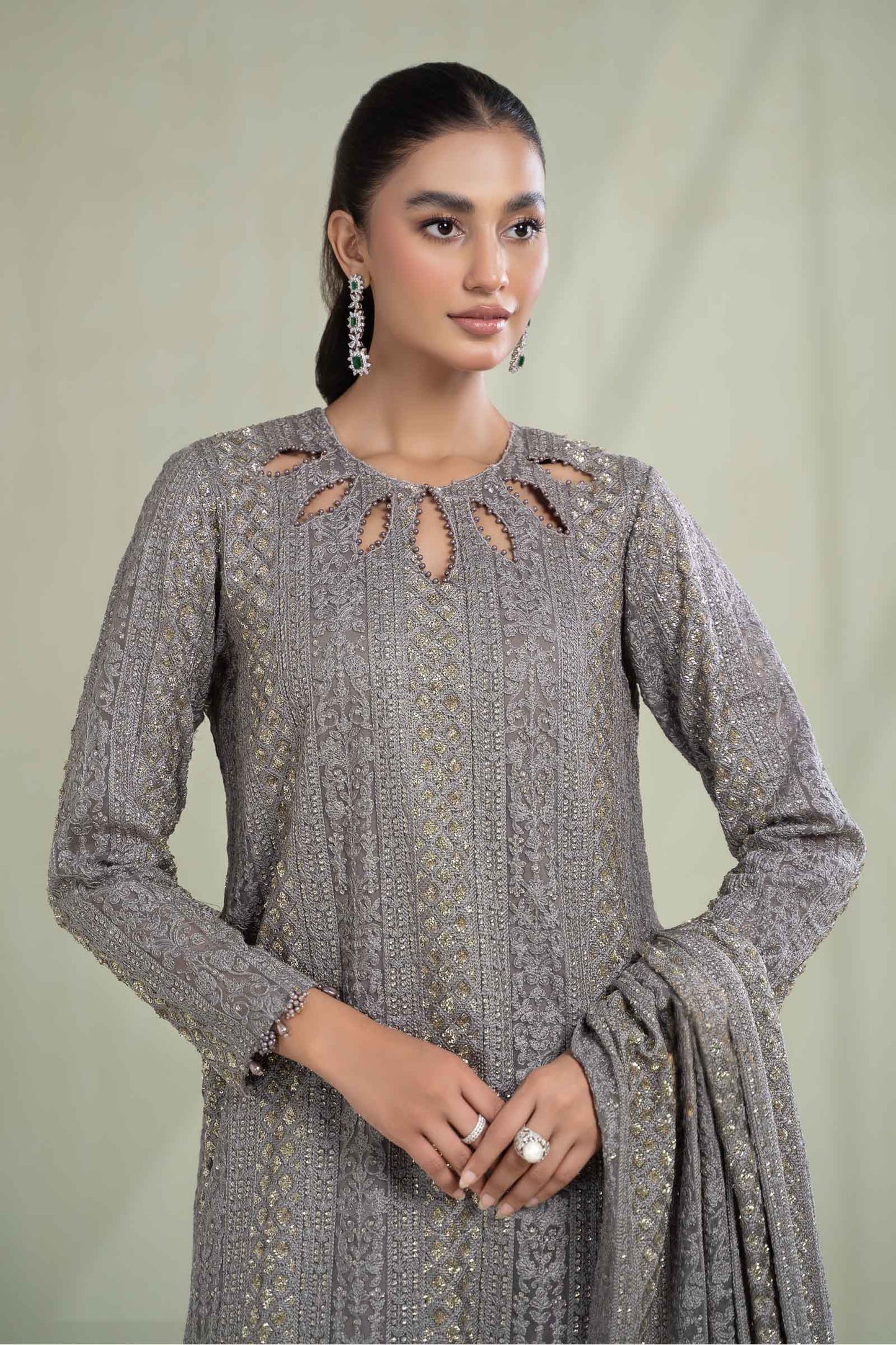 Maria.B. SF-W23-63 | Embroidered Organza Stitched Shirt & Lehenga Set in Grey | Zahra Apparel Collection