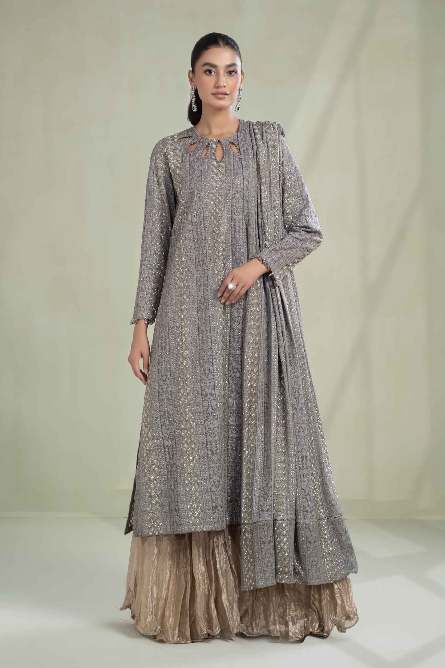 Maria.B. SF-W23-63 | Embroidered Organza Stitched Shirt & Lehenga Set in Grey | Zahra Apparel Collection