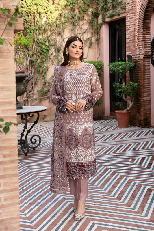 Dastan by Ramsha T-104 | Embroidered Chiffon Unstitched 3-Piece Suit | Zahra Apparel Collection