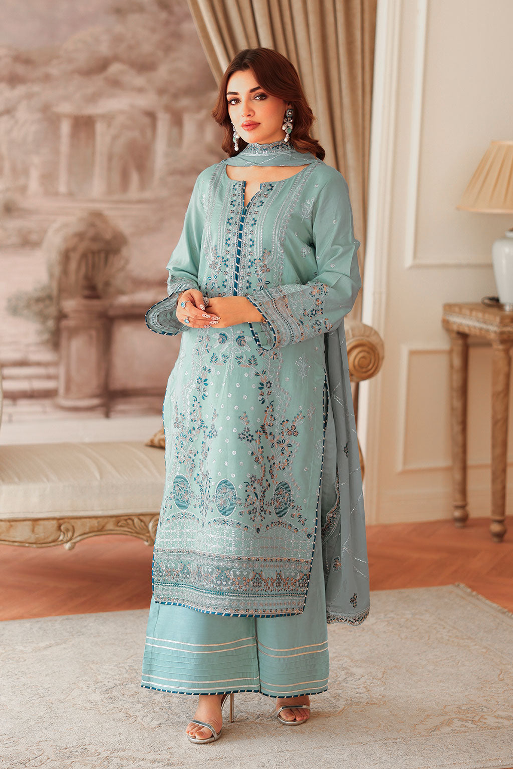 Aangan by Ramsha AA-204 | Embroidered Raw Silk Stitched 3-Piece Suit | Zahra Apparel Collection