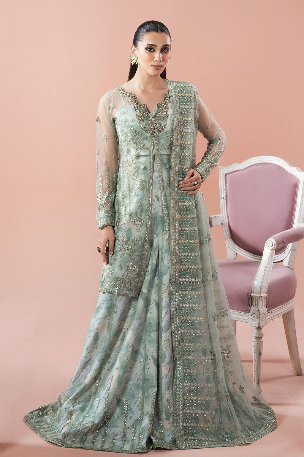 Rangeen by Ramsha PS-103 | Embroidered Net Stitched Gown & Sharara Set | Zahra Apparel Collection
