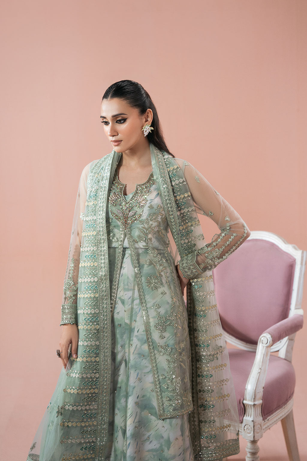 Rangeen by Ramsha PS-103 | Embroidered Net Stitched Gown & Sharara Set | Zahra Apparel Collection