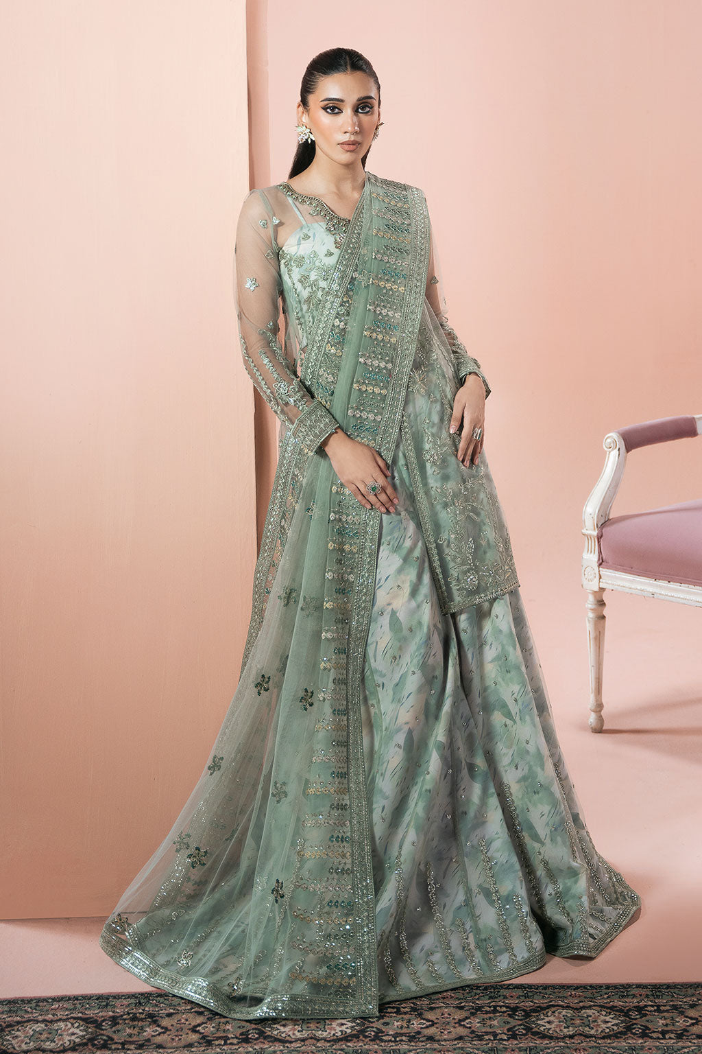 Rangeen by Ramsha PS-103 | Embroidered Net Stitched Gown & Sharara Set | Zahra Apparel Collection