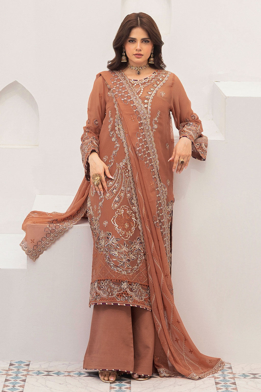 Sonehri by Ramsha BB-307 | Embroidered Chiffon Stitched 3-Piece Suit | Zahra Apparel Collection